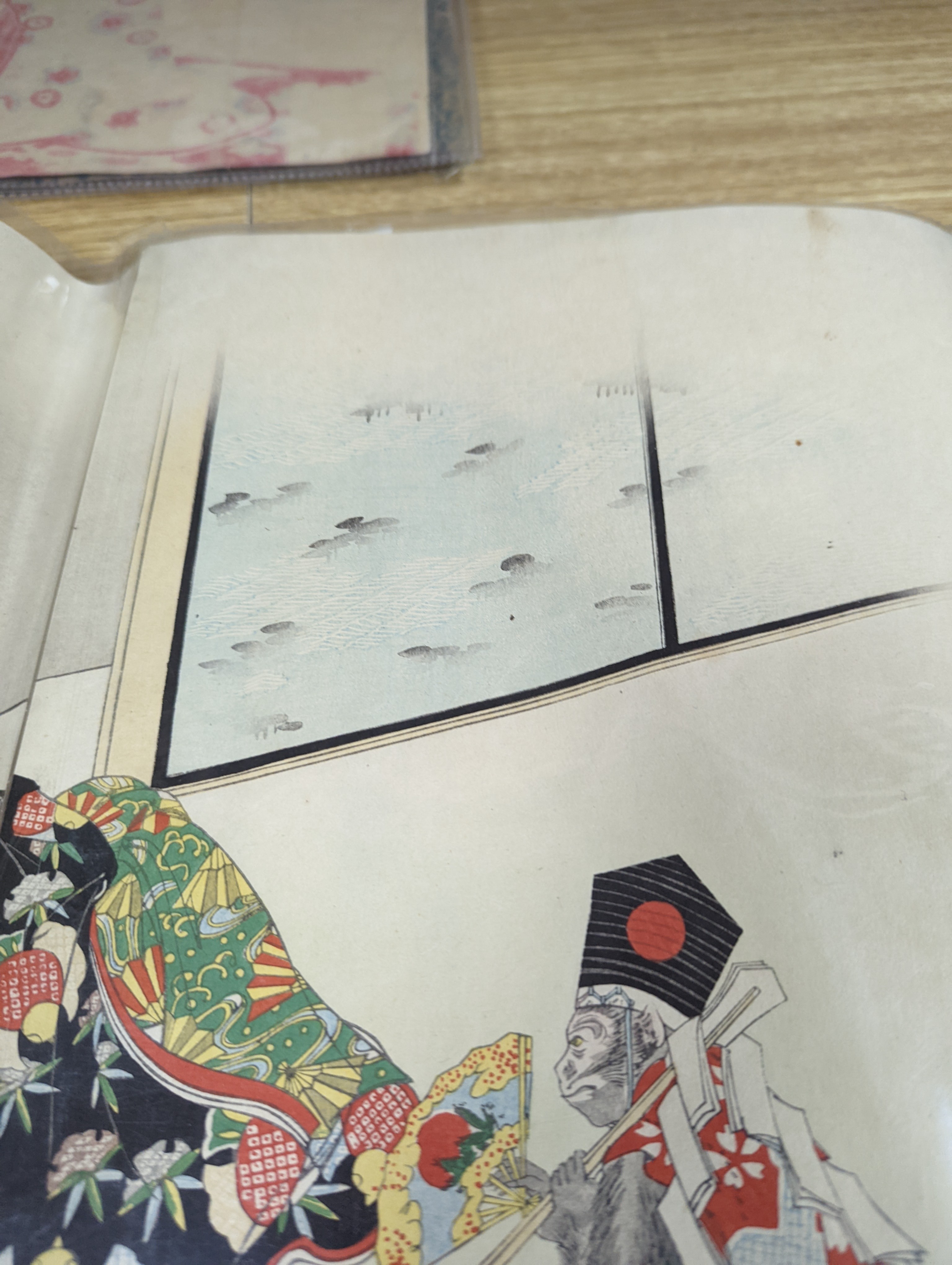 Three Japanese woodblock triptychs by Chikanobu Toyohara and others, Oban format